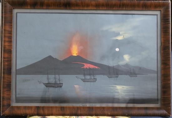 Neapolitan School c.1860 English warships in the bay of Naples with Vesuvius beyond 16 x 24in.